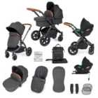Ickle Bubba Stomp Luxe 12 Piece Travel System with i-Size Cirrus Car Seat & ISOFIX Base - Black/Charcoal Grey/Tan