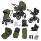 Ickle Bubba Stomp Luxe 12 Piece Travel System with i-Size Cirrus Car Seat & ISOFIX Base - Black/Woodland/Tan