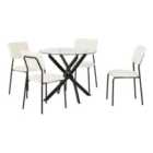 Seconique Sheldon Round Glass Top Dining Set (x4 Chairs) - Clear Glass/Ivory Boucle Fabric