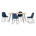Seconique Hamilton & LUKas Medium Dining Set (x4 Chairs) - Medium Oak Effect/Sapphire Blue Velvet