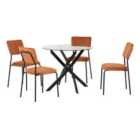 Seconique Sheldon Round Glass Top Dining Set (x4 Chairs) - Clear Glass/Burnt Orange Velvet Fabric