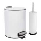 2Pc Round Stainless Steel Pedal Bin & Toilet Brush Set - 5L - White
