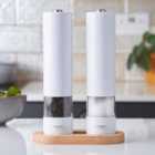 Cooks Professional Electric Salt And Pepper Mill Set White w/ Bamboo Base