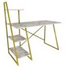 Decorotika Admira Modern Metal Frame Computer Desk - Gold Metal And White Marble Effect