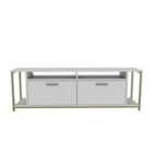 Decorotika Omar 160 Cm Tv Unit Tv Stand Tv Console Tv Unit With Open Shelves And Cabinets - White And Gold