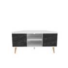 Decorotika - Lesson Corner Tv Stand 2 Shelves And Two Cabinets - White And Black Marble Effect