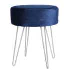 Harbour Housewares Round Velvet Footstool - Blue/Silver