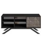 Decorotika North 130 Cm Tv Unit Tv Stand Tv Console With Open Shelves And Cabinet - Black And Black Marble Effect