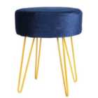 Harbour Housewares Round Velvet Footstool - Blue/Gold