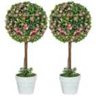 Homcom Set Of 2 Artificial Plants With Rose Flower In Pot, 60Cm, Pink