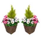 Greenbrokers Artificial Pink & White Pansy Rattan Patio Planter 60Cm/24In (set Of 2)
