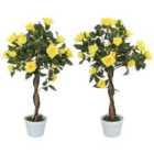 Outsunny Set of 2 90cm Artificial Rose Tree, Fake Decorative Plant, Yellow