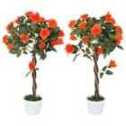 Outsunny Set of 2 90cm Artificial Rose Tree, Fake Decorative Plant, Orange
