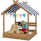 Outsunny Sand Pit with Canopy, Blackboard, Toys, Sink, Seats, Flags for Kids
