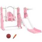 AIYAPLAY 4 in 1 Kids Slide and Swing Set with Climber, Basketball Hoop, Pink