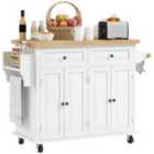 HOMCOM Rolling Kitchen Island Cart with Rubber Wood Top, Spices Cream White