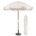 Harbour Housewares Tassel Fringed Wooden Garden Parasol & Base Set - 1.4M - Beige Stripe