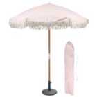 Harbour Housewares Tassel Fringed Wooden Garden Parasol & Base Set - 1.4M - Pastel Pink Stripe