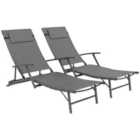 Outsunny Set of 2 Garden Sun Loungers, Folding Chaise Lounge Chairs, Grey