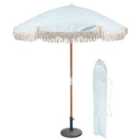 Harbour Housewares Tassel Fringed Wooden Garden Parasol & Base Set - 1.4M - Pastel Blue Stripe