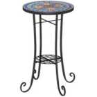 Outsunny 35.5cm Round Mosaic Garden Side Table Plant Stand w/ Shelf, Blue