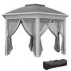 Outsunny 3x4m Hexagon Gazebo w/ Mesh Curtains Outdoor Garden, Dark Grey