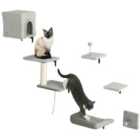 PawHut 6-Piece Cat Wall Shelves Set, Cat Wall Furniture with Condo, Grey