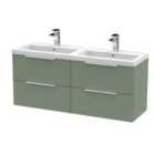 Hudson Reed Fluted 1200Mm Wall Hung 4-drawer Vanity And Double Basin - Satin Green