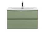 Hudson Reed Urban 800Mm Wall Hung 2-drawer Unit And Curved Basin 1 Tap Hole - Satin Green