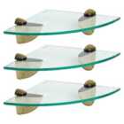 Floating Glass Bathroom Corner Shelves - 20Cm - Clear/Gold - Pack Of 3
