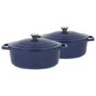 Argon Tableware Oval Cast Iron Casserole Dishes - 4.68L - Midnight Blue - Pack of 2