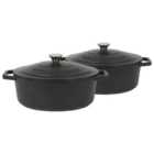 Argon Tableware Oval Cast Iron Casserole Dishes - 4.68L - Matt Black - Pack of 2