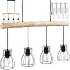 Pendant Light Woody - Rustic Wood & Black Metal, Minimalist Lampshades, 4X E27 Bulbs, 82 X 13.5 X 140 Cm
