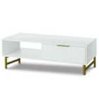 Kosy Koala Modern White Coffee Table With Storage, Gold Metal Legs And Handles Stylish Centre Table For Living Room And Lounge