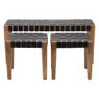 Claudio S/3 Black Leather And Mango Wood Bench And Stools
