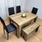 Wooden Dining Table Set for 6 - Rustic Effect Table With 4 Black Chairs and 1 Bench Dining Room Furniture