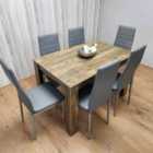 Rustic Effect Dining Table Set with 6 Grey Faux Leather Chairs Dining Room Furniture Set