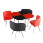 Modern Space Saver Glass Dining Table Set with 4 Red & Black Faux Leather Chairs Dining Room Furniture