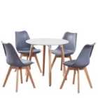 Life Interiors Halo Lorenzo Dining Set - A White Round Wooden Dining Table And Set Of 4 Plastic Dining Chairs With Padded Cushions - Grey