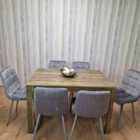 Rustic Effect Dining Table Set with 6 Grey Velvet Chairs Stylish Dining Room Furniture Set