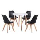 Life Interiors Halo Lorenzo Dining Set - A White Round Wooden Dining Table And Set Of 4 Plastic Dining Chairs With Padded Cushions - Black