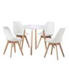Life Interiors Halo Lorenzo Dining Set - A White Round Wooden Dining Table And Set Of 4 Plastic Dining Chairs With Padded Cushions - White