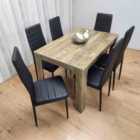 Rustic Effect Dining Table Set with 6 Black Faux Leather Chairs Dining Room Furniture Set