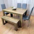 Wooden Dining Table Set Of 6 - Rustic Effect Table With 4 Grey Chairs and 1 Bench