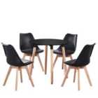 Life Interiors Halo Lorenzo Dining Set - A Black Round Wooden Dining Table And Set Of 4 Plastic Dining Chairs With Padded Cushions - Black