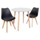Life Interiors Halo Lorenzo Dining Set - A White Round Wooden Dining Table And Set Of 2 Plastic Dining Chairs With Padded Cushions - Black