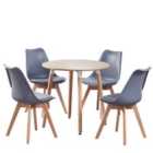 Life Interiors Halo Lorenzo Dining Set - An Oak Round Wooden Dining Table And Set Of 4 Plastic Dining Chairs With Padded Cushions - Grey