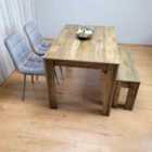 Modern Rustic Dining Set with 2 Grey Velvet Chairs and 1 Bench Dining Room Furniture