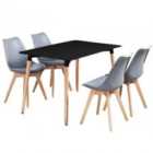 Life Interiors Halo Lorenzo Dining Set - A Black Rectangular Plastic Dining Table And Set Of 4 Plastic Dining Chairs With Padded Cushions - Grey