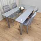 Kosy Koala Dining Table And 4 Chairs Grey Clear Glass 4 Velvet Grey Chairs Dining Set